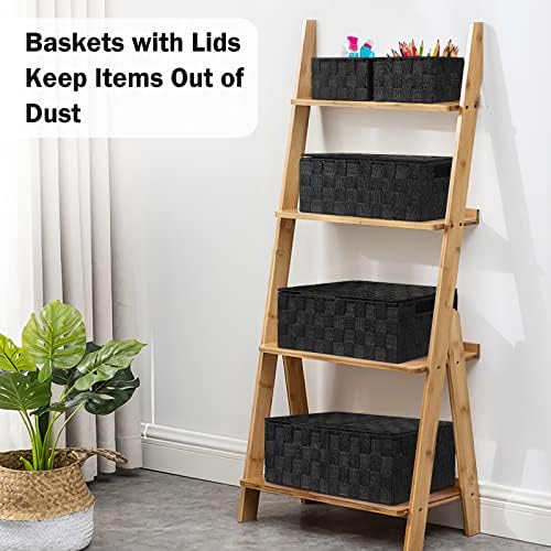 Storage Baskets with Lids: 5 Pack Stackable Woven Storage Bins, Black - Image 3