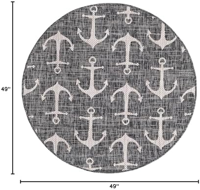 Unique Loom Outdoor Coastal Collection Area Rug - Ahoy (4' 1" Round, Charcoal/ Ivory) - Image 2