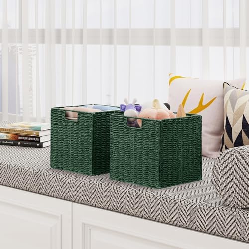 Vagusicc Wicker Storage Basket, Set of 2 Hand-Woven Paper Rope Wicker Baskets, Foldable Cube Storage Bins, Square Storage Baskets for Organizing Shelves & Decor, Green (11″×11″×11″) - Image 6