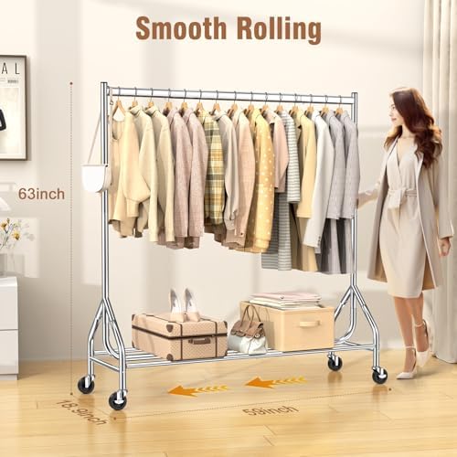 EAGMAK Heavy Duty Clothes Rack Load 420 LBS, Rolling Garment Rack with Lockable Wheels, Standing Metal Clothing Rack, Portable Wardrobe Sturdy Coat Rack for Hanging Clothes (Silver, 59″×18.9″×63″) - Image 4