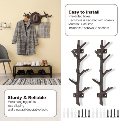 12" Cast Iron Tree Branch Vertical Coat Hat Rack Wall Mount Heavy Duty Decorative Coat Hook Rustic Hanger for Coats Bags Hats Key Entryway Bedroom Hallway Bathroom Storage (Rust Color,2 Pcs) - Image 5