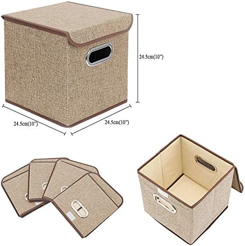 Storage Bin [Set of 4] Linen Fabric Foldable Container with Lid, Collapsible Organizer Boxes Cubes – 10 x 10 x 10 Inches (Beige) - Image 2
