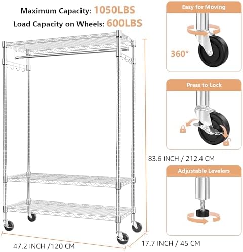 M MZG Heavy Duty Rolling Garment Rack 3 Tiers Adjustable Wire Shelving Clothes Rack with Rods and Side Hooks,Storage Closet Clothing Rack with Wheels Chrome 17.7" D x 47.2" W x 83.6" H - Image 6