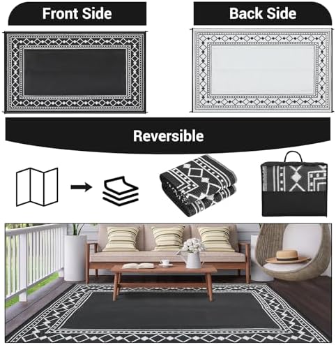GlowSol 9x12 Outdoor Patio Rug Waterproof Reversible Camping Rug, Lightweight RV Mat for Backyard Deck Porch Balcony Garden Beach Picnic, Stain Resistant Outdoor Area Rug for Home Decor, Black/White - Image 6