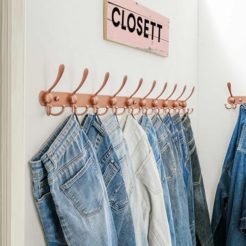 Dseap Coat Rack Wall Mount - 38” Long 10-Tri-Hooks Heavy Duty Coat Hanger Rail Wall Hooks for Hanging Coats Hats Clothing Clothes Purse Mudroom Entryway, Rose Gold, Pack of 2 - Image 5