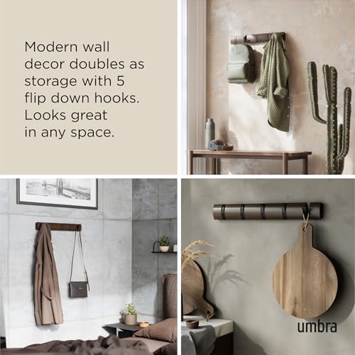 Umbra Flip Coat Rack, Wall Mounted 5-Hook Space Saving, Walnut/Black - Image 4