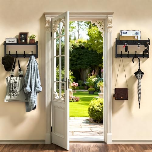 35'' Long Black Coat Rack Wall Mount with Shelf, Solid Wood Coat and Key Hanger with 13 Metal Hooks, Farmhouse Wall Organizer for Mail, Entryway Wall Hangers for Hats, Clothes, Backpacks - Image 4