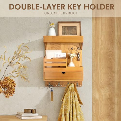 Rebee Vision Key Holder Wall Mount with Drawer for Home Decor, Light Brown - Image 3
