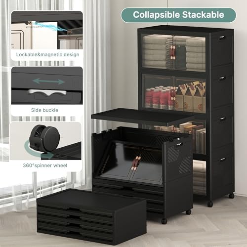 UAMFURI 448QT Lockable Storage Bins with Lids - Stackable Storage Cabinet with Doors and Wheels, Collapsible Plastic Organizer and Containers for Bedroom Dorm Office Garage, 4 Pack Cubes - Image 3