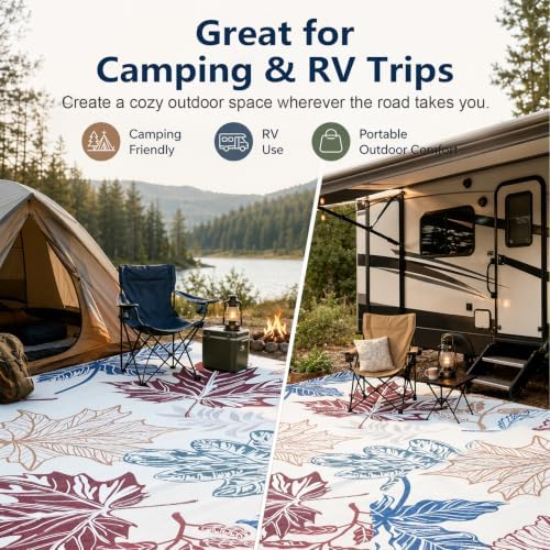 UKISS Washable Outdoor Rug Carpet，Non Slip Portable Outdoor Patio Rugs，8' x 10' Indoor Outdoor Mats，Leaves Large Area Rugs Mats for Patio，Picnic,RV,Backyard, Deck, Balcony, Porch, Beach - Image 5