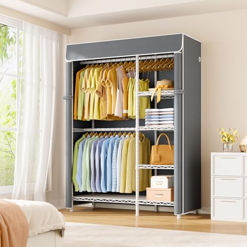 ULIFHOME F2C Clothes Rack with Cover, White Closet with Gray Cover - Image 2
