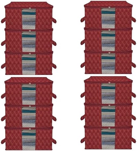 Kuber Industries (Pack of 12) Underbed Storage Bag | Golden Printed | Large Blanket Organizer | Clothing Storage Bag | Clear Window & Handle Storage Bag | Kambal Storage Bag | Maroon by Kuber+Industries
