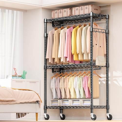 M MZG Heavy Duty Rolling Garment Rack 3 Tiers Adjustable Wire Shelving Clothes Rack with 2 Rods and Side Hooks, Storage Closet Clothing Rack with Wheels Black 17.7" D x 47.2" W x 83.6" H - Image 2