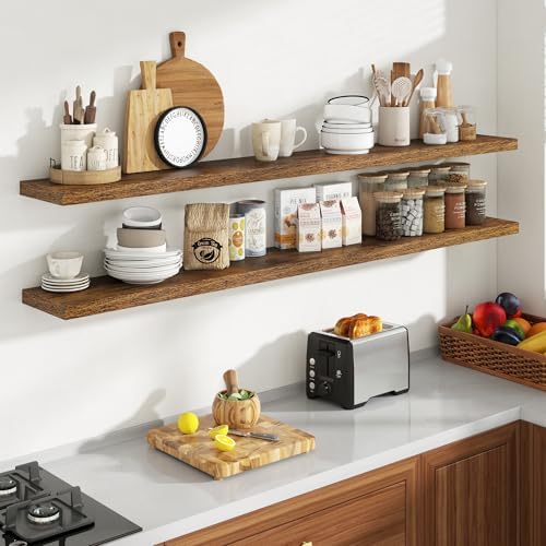 Acovy 72 Inch Floating Shelves, 8 Inch Deep Floating Shelves for Wall, Hanging Shelf with Invisible Brackets, Deep Shelves for Bathroom, Bedroom, Living Room, Brown, Set of 2 - Image 4