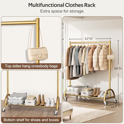 MISSLO Heavy Duty Clothing Rack with Wheels Rolling Clothes Racks for Hanging Clothes, Coats, Garment, Dress, Gold - Image 5