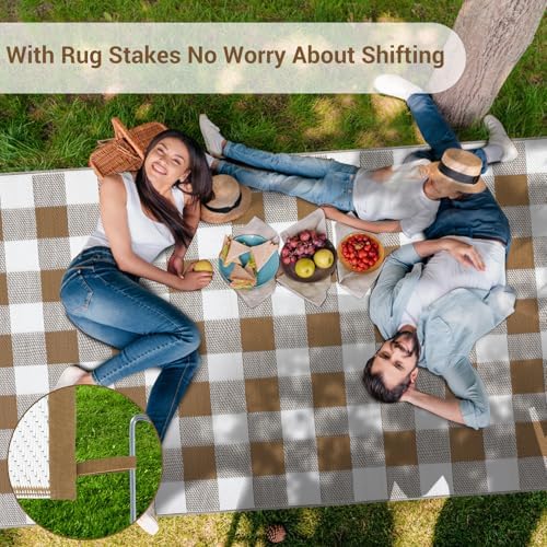 GlowSol 9x18 Outdoor Reversible Rug Waterproof UV Resistant Plastic Straw Rug Modern Outdoor Checkered Rug, Portable Picnic Mat with Stakes, Large Camping Carpet for Backyard, Balcony, Brown - Image 5