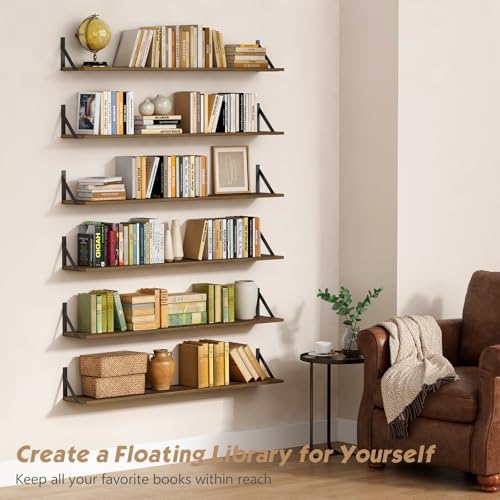 Forbena 48 Inch Floating Shelves for Wall Long Set of 3, Large Wooden Wall Bookshelf for Bedroom Books, Rustic Wood Hanging Bookshelves for Living Room Laundry Closet Kitchen Storage (Dark Brown) - Image 5
