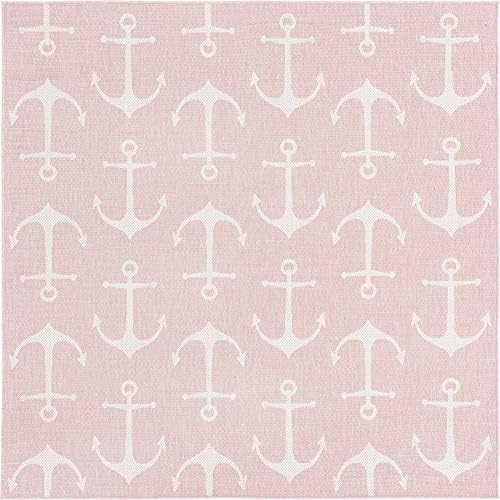 Unique Loom Outdoor Coastal Collection Area Rug - Ahoy (7' 10" Square, Pink/ Ivory) - Image 3