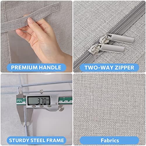 CYhom 2Pack Extra Large Clothes Storage Bins Box - Linen Fabric Foldable Stackable Container Organizer Set with Clear Window & Carry Handles & Metal Frame (Light Grey, Extra Large-100L) - Image 5