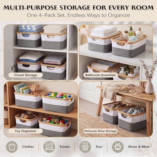 Hushee 4 Pack Bamboo Fabric Storage Bins for Shelves, 15"x10"x7.9" Collapsible Storage Baskets for Organizing, Two-Tone Foldable Bins for Clothes, Towels, Linens(White with Grey) - Image 4