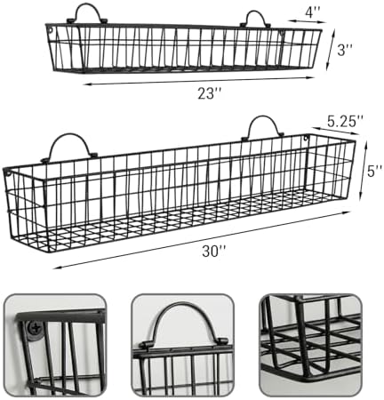 MyGift 2pcs 30-Inch Wire Baskets for Storage and Organization, Rustic Black Wall Mounted Metal Display Racks - Image 6