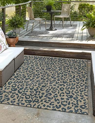 Unique Loom Outdoor Safari Collection Area Rug - Leopard (10' 8" Square Blue/Gray) by UniqueLoom