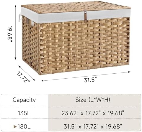 180L Wicker Storage Basket with Lid, Handwoven Rattan Large Shelf Basket with Removable Liner, 47.6 Gallon Wicker Basket for Blanket, Storage Trunk with Handle for Closet, Bedroom, Livingroom, Natural - Image 5