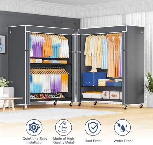 ULIFHOME P8C Max Heavy Duty Clothes Rack（With Extended Width Design） Rolling Clothing Racks for Hanging Clothes with Lockable Wheels，51.2" W x 15.8" D x 80.5" H，Load 800LBS，Black Rack with Grey Cover - Image 4