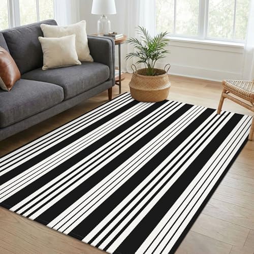 KOZYFLY 4x6 ft Striped Rug Black and White Front Door Rug Cotton Woven Rugs - Image 2