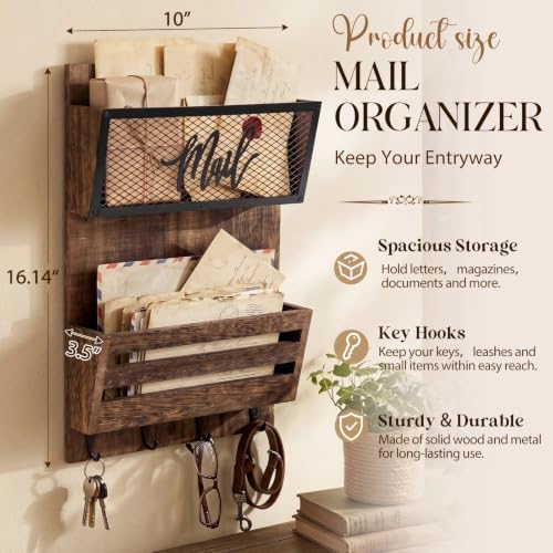 Yalikop Mail Organizer Wall Mount with Key Hooks, 2-Slot Wood Mail and Key Holder, Rustic Farmhouse Wall File for Entryway, Letter and Bill Sorter Organizer for Files, Keys and Magazines - Image 2
