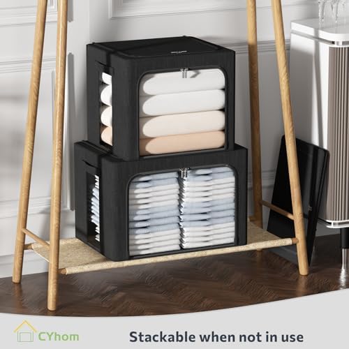 CYhom 3Pack Foldable Storage Bins - Frame Storage Box Linen Fabric Stackable Clothes Container Organizer with Clear Window & Carry Handles Large Capacity (Extra Large-100L, Black) - Image 6