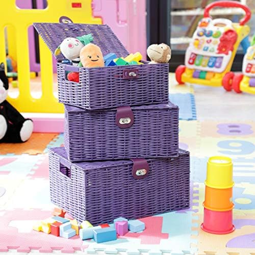 ARPAN Set of 3 Resin Woven Utility Storage Basket Box With Lid & Lock (Purple) - Image 3