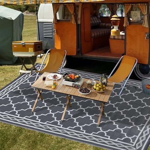 GAOMON Outdoor Plastic Straw Rug, 10'x20' Reversible Sage Green Patio Mat, Flower Modern Design for RV, Backyard, Deck, Camping, Picnic, Grey/White(Geometric) - Image 2