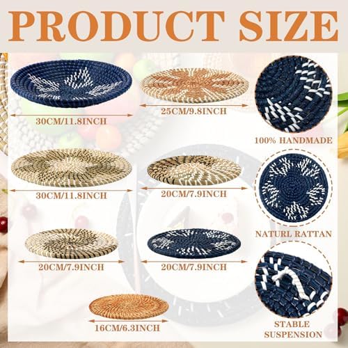 Xuhal 8 Pcs Boho Wall Basket Decor Decorative Bulrush Woven Basket Wall Decor Rustic Farmhouse Hanging Baskets for Kitchen Rustic Home Summer Decorations - Image 3