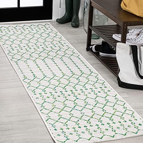Eyely Moroccan Woven Runner Rug 2X10 Green/Ivory, Indoor Outdoor Rug by eyely