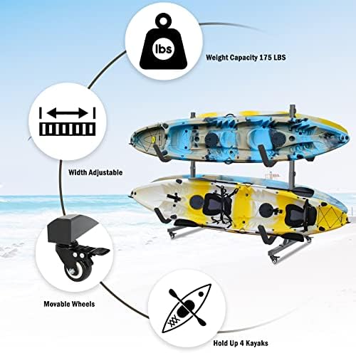Bonnlo Kayak Stand Freestanding Storage Rack for Kayak Canoe Boat Paddle Board SUP Surfboard for Indoor Outdoor Garage, Shed, Dock with Lockable Wheels Wide Adjustable - Image 3
