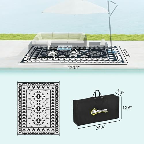 Outsunny Outdoor Rug for Patio Waterproof 8' x 10' Black & White Rhombus - Image 2
