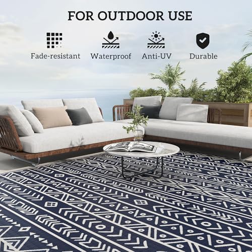 Outsunny Outdoor Rug for Patio Waterproof, 8' x 10', Blue White Geometric - Image 6