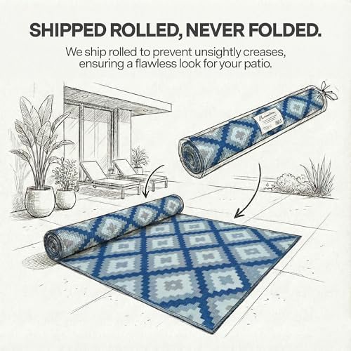 FH Home Outdoor Rug - Waterproof, Fade Resistant, Reversible - Premium Recycled Plastic - Geometric - Patio, Deck, Porch, Balcony, Laundry Room - Aztec Kilim - Blue Multi Crease Free - 4 x 6 ft - Image 3