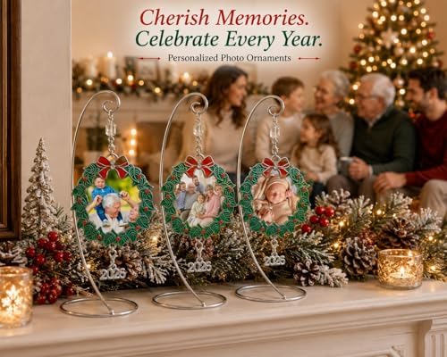 Family Christmas Ornament 2026 Set of 3, Holiday Wreath Picture Frame Ornaments with Dated 2026 Charm, 3 Inch Keepsake Photo Holder Ornaments for Tree, Gift Storage Bag Included - Image 7
