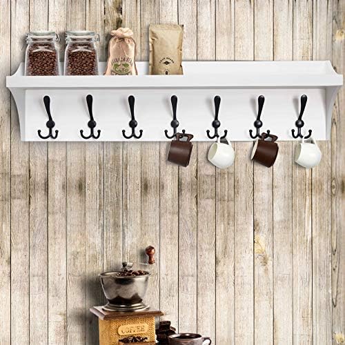 DSEAP Wall Shelf with 7 Tri Hooks, 35' Long Heavy Duty Coat Rack Wall Mount with Hooks Underneath for Entryway, Mudroom, Kitchen, Bathroom, White & Black - Image 3