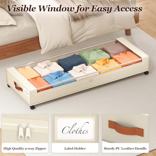 Yecaye Under Bed Storage with Wheels 2 Pack, 85 L Extra Large Under Bed Storage Containers with Metal Frame & Clear Lid, Rolling Underbed Organizer Bins Drawers for Clothes, Shoes, Blankets, Beige - Image 5