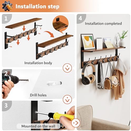 Oraich Wall Hooks with Shelf, 28.7 Inch Coat Rack Wall Mount with Hook for Coat Backpack Key Clothes Hanger, Wall Floating Shelf Hanging in Entryway, Living Room, Bathroom, Bedroom, Kitchen - Image 3