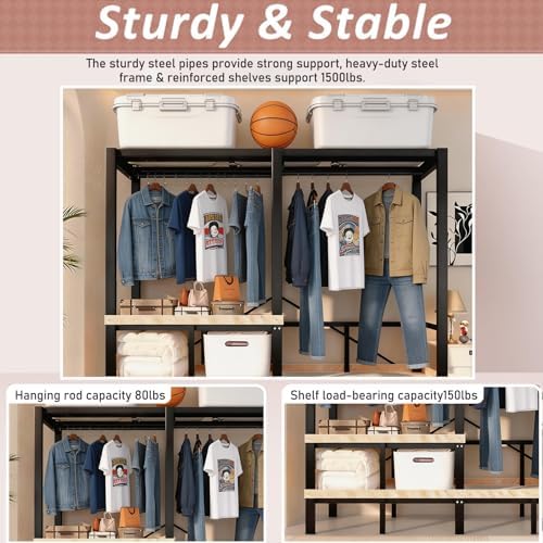 Heavy Duty Clothes Rack with Cover & Magnetic Doors, 1500lb Portable Wardrobe Closet - Foldable Freestanding Garment Rack for Bedroom, Large Storage for Hanginng Dresses Jackets (Grey, 70.8IN) - Image 5