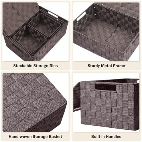 Storage Baskets with Lids: 5 Pack Stackable Woven Storage Bins, Brown - Image 4