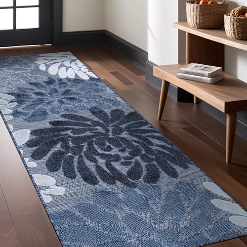 Luul Home Floral Indoor Outdoor Runner Rugs 2x7 Entryway Rug, Kitchen, Hallway Rug Washable Stain Resistant Outside Carpet Navy 2 x 7 - Image 4