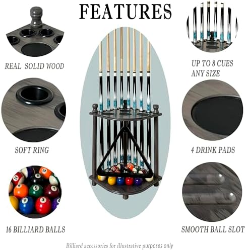Pool Cue Rack Hold up to 8 Sticks & Billiard Accessories. Floor Stand Pool Cue Stick Holder Made of 100% Solid Hardwood.(GREY) - Image 6