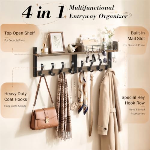 Delamu 32" Coat Rack with Shelf, 4 in 1 Coat Hanger Wall Mount with Shelf, Wooden Entryway Wall Organizer with Hooks, Brown - Image 3