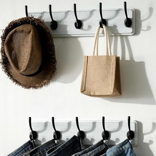 SKOLOO Rustic Coat Rack Wall Mount, 5 Hooks, 17 Inch, Solid Wood, White - Image 2