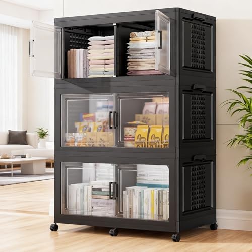 BROVIEW 600 Qt Stackable Storage Bins Foldable Cabinet, V40 Black 3-Pack by BROVIEW-EnjoytheArtofLife